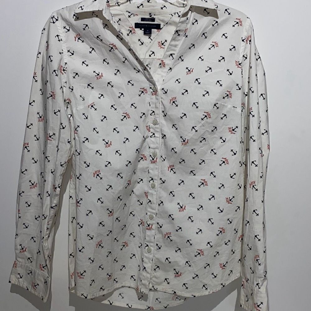 Tommy Hilfiger Womens Medium White Anchor Print Stretch Button Down Shirt Long